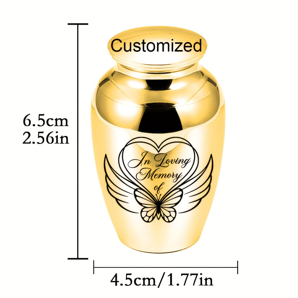 Personalized Mini Cremation Urn for Ashes - Custom Aluminum Alloy Keepsake Urn with Angel Heart Butterfly Pattern for Human & Pet Ashes, Small Memorial Ash Holder, Silver Gold Purple Lid Options