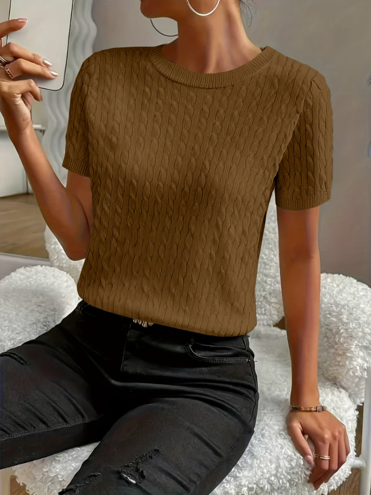Women's Ribbed Knit Short Sleeve Pullover Top | Crew Neck Minimalist Casual Summer T-Shirt Versatile Stretch Comfort