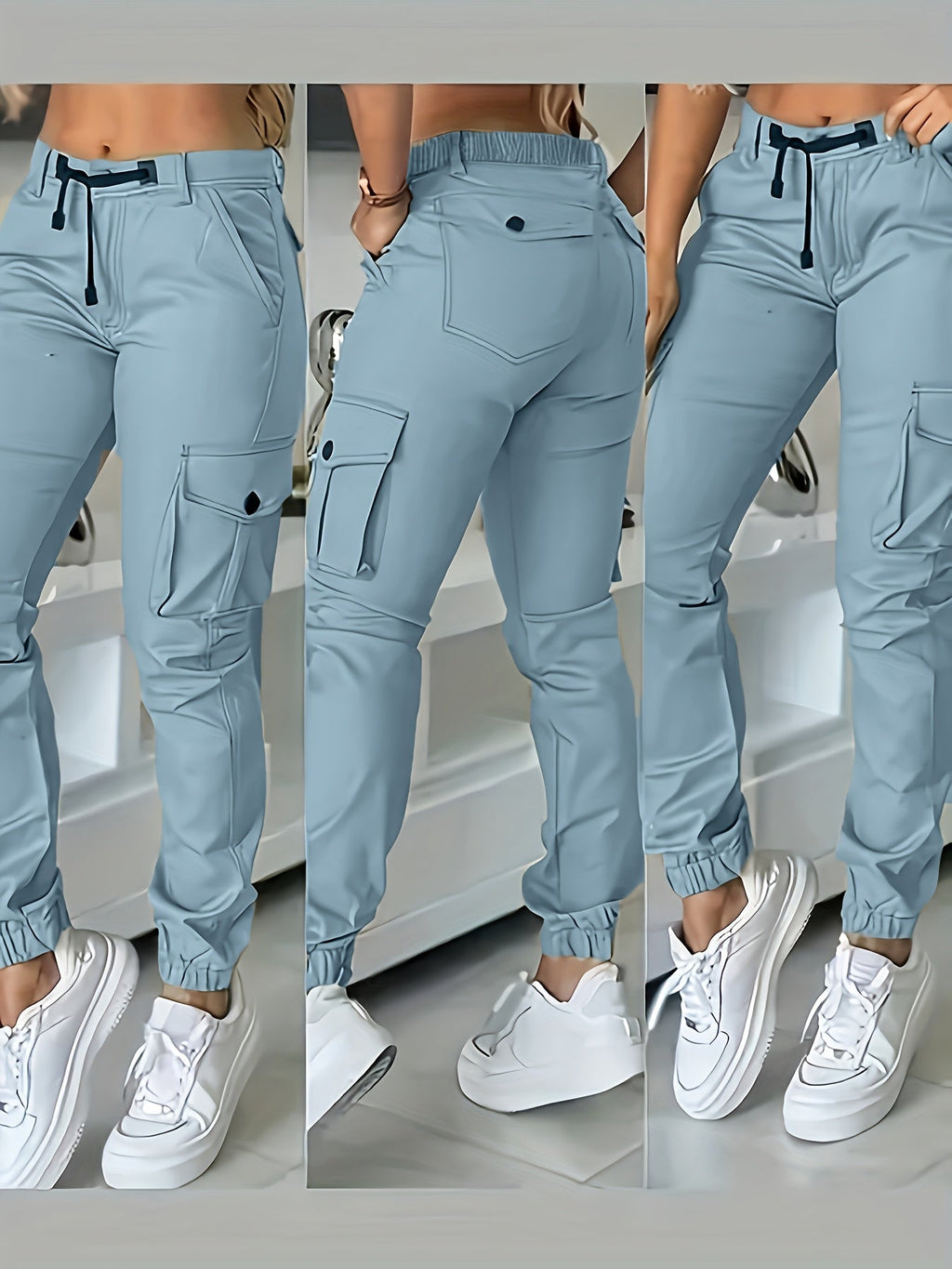 Women's Multi-Pocket Cargo Pants Casual Fashion Wide Leg Woven Trousers Olive Black White Khaki Grey S-XXL