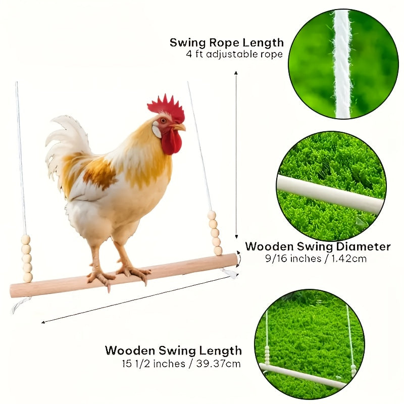 Wooden Chicken Swing Toy Natural Handmade Tangle-Free Bird Stand with Elastic Rope Beads for Chickens Ducks Parrots Poultry Farmhouse Coop Accessory Large Durable