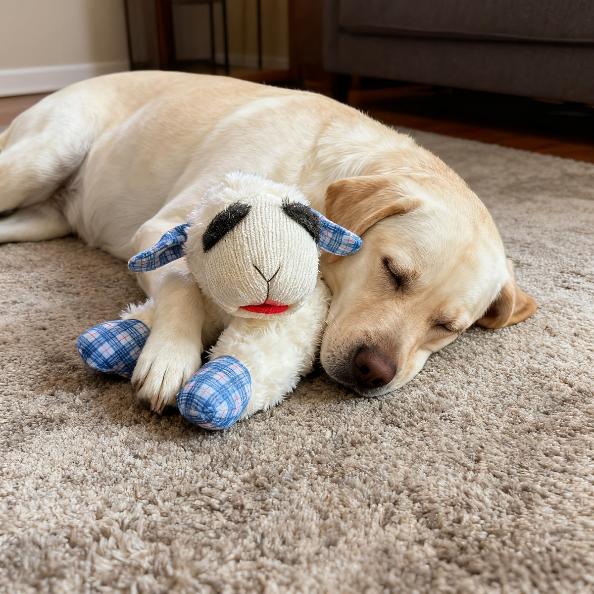 Squeaky Plush Dog Toy with 5 Built-In Squeakers – Calming Stuffed Pet Toy for Small & Medium Dogs, Blue & Red Checkered Fabric Design, Battery-Free No-Electric Anxiety Soothing Chew Toy for Gentle Breeds