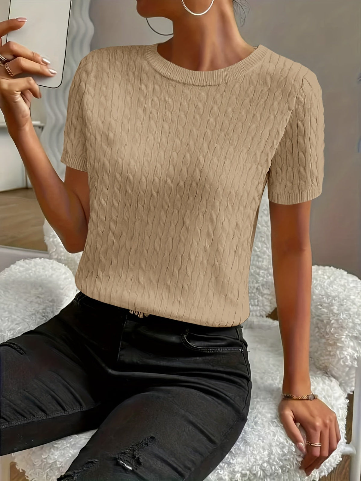 Women's Ribbed Knit Short Sleeve Pullover Top | Crew Neck Minimalist Casual Summer T-Shirt Versatile Stretch Comfort