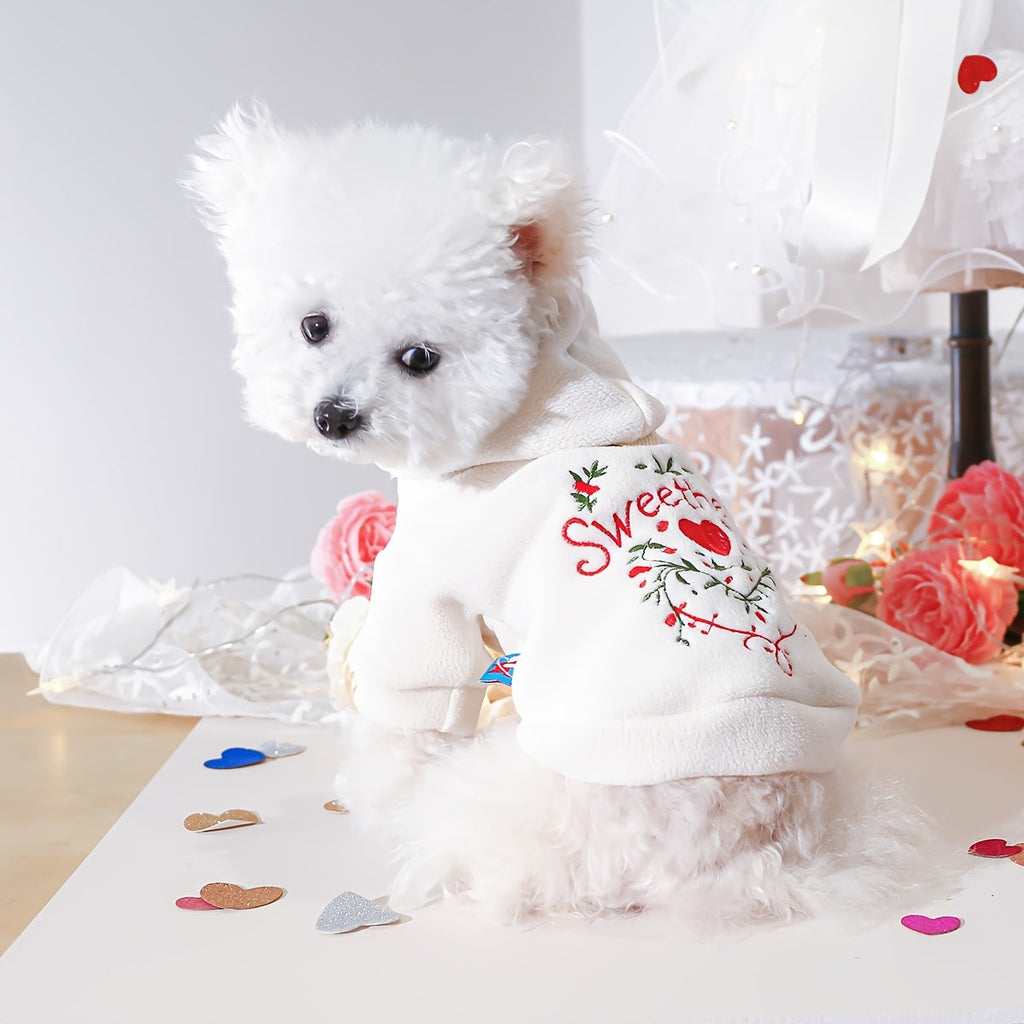 Love Heart Dog Sweatshirt Valentine's Day Hoodie – Cute Sweetheart Pullover for Small Dogs, Spring Autumn Thin Pet Outfit, XS to XL, Fits Bichon Pomeranian Schnauzer Teddy, White