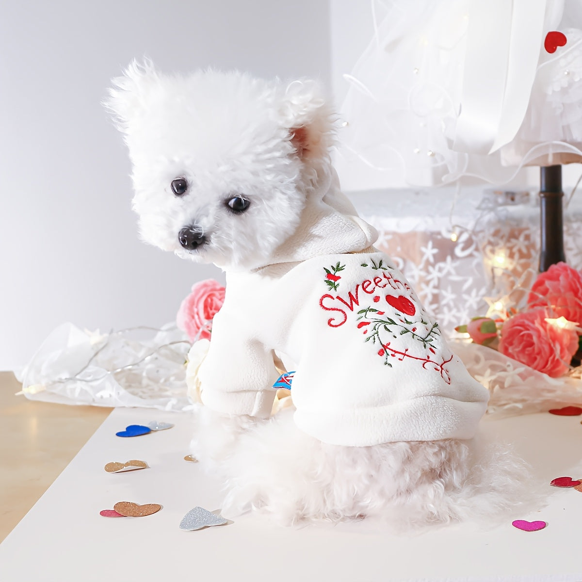 Love Heart Dog Sweatshirt Valentine's Day Hoodie – Cute Sweetheart Pullover for Small Dogs, Spring Autumn Thin Pet Outfit, XS to XL, Fits Bichon Pomeranian Schnauzer Teddy, White