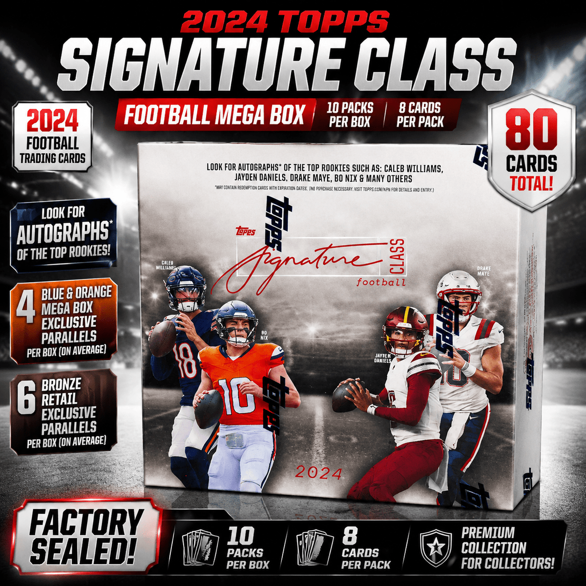 2024 Signature Class Football Trading Card Mega Box – 80 Cards Factory Sealed, 10 Packs × 8 Cards, Hobby Collector Set for Card Breaks, Binder Display & Trading – Ideal Sports Gift