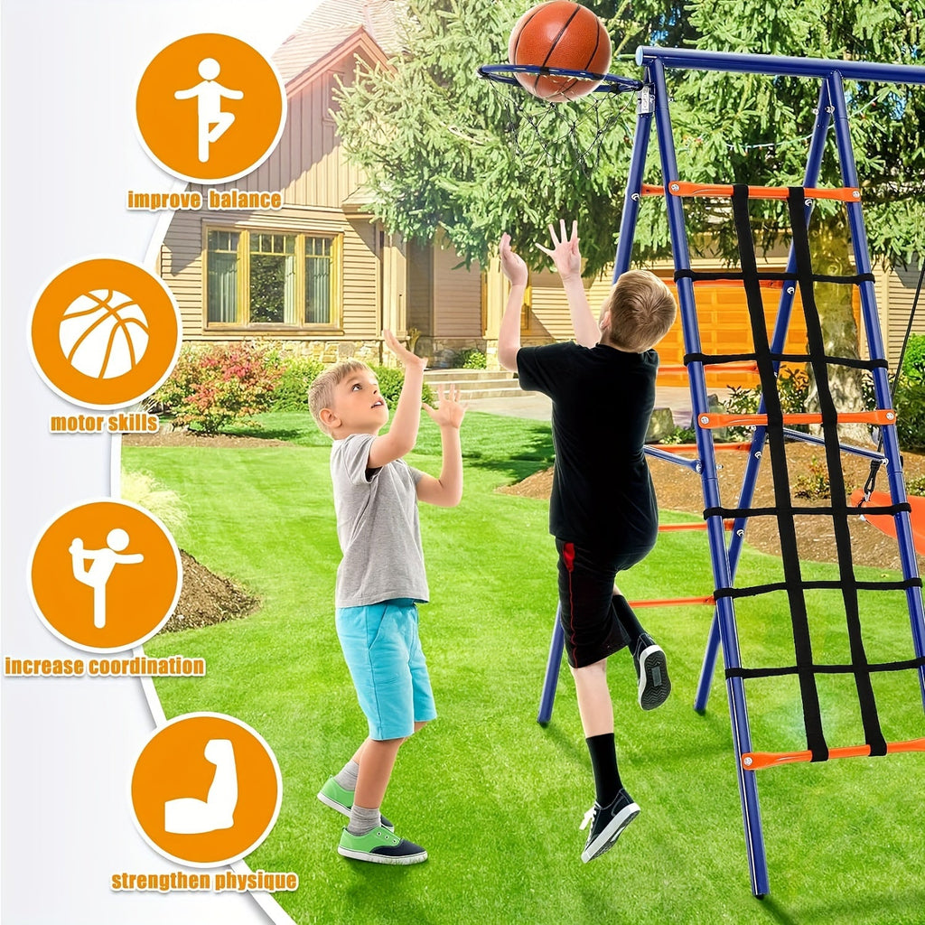 6-in-1 Outdoor Swing Set for Kids, 550LBS Heavy Duty A-Frame Backyard Swing Set with Adjustable Seats & Ground Stakes - Convertible Climbing Frame, Trapeze Bar & Multiple Attachments for Children Ages 3-12