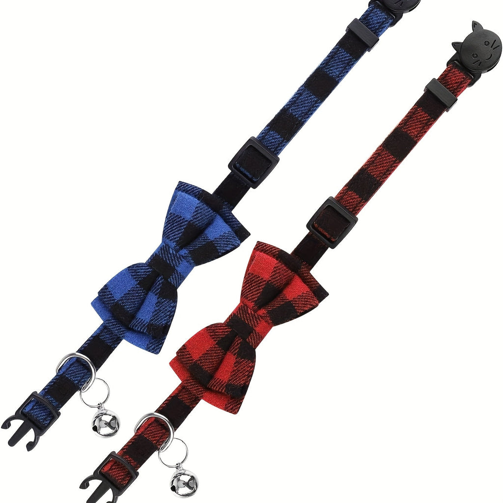 Cat Collars with Bells 4 Pack - Adjustable 7.5-12 Inch Plaid Breakaway Safety Buckle Collar with Bell & Bow for Kittens and Small Dogs, Cute Plaid Pattern, Comfortable Fabric, Multi-Color Set