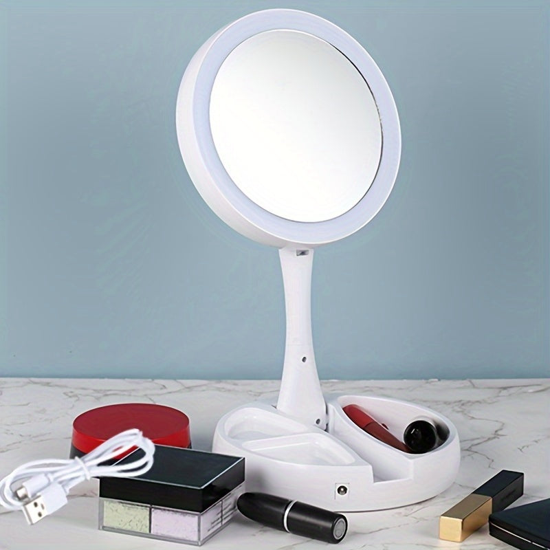 LED Makeup Mirror with 10X Magnification – Double Sided Lighted Vanity Mirror, Bright LED, USB & Battery Powered, Travel-Friendly Table Mirror for Bathroom, Bedroom & Dressing Table