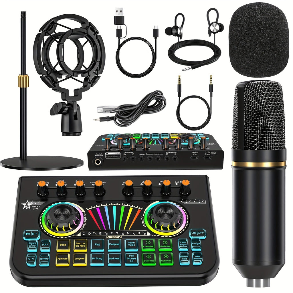 Microphone Mixer Bundle Kit for Podcast Recording Studio – Audio Mixer with Mic Stand, Sound Card, Streaming & Karaoke Setup for PC Phone Gaming