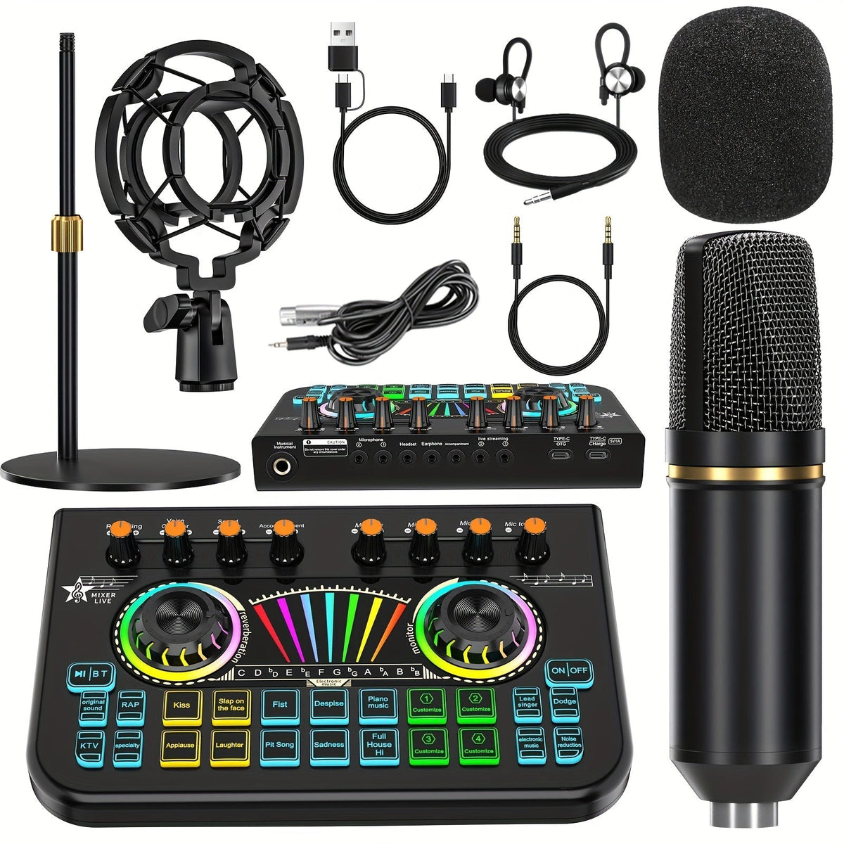 Microphone Mixer Bundle Kit for Podcast Recording Studio – Audio Mixer with Mic Stand, Sound Card, Streaming & Karaoke Setup for PC Phone Gaming