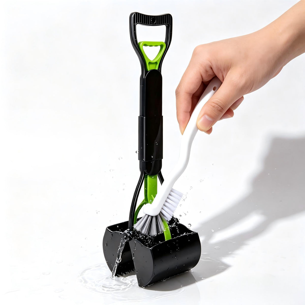 Portable Foldable Dog Poop Scooper with Cleaning Brush - Strong Serrated Clamp Waste Grabber for Yards Lawns & Gravel, No-Dead-Angle Pet Waste Pickup Tool, High-Strength Durable Design