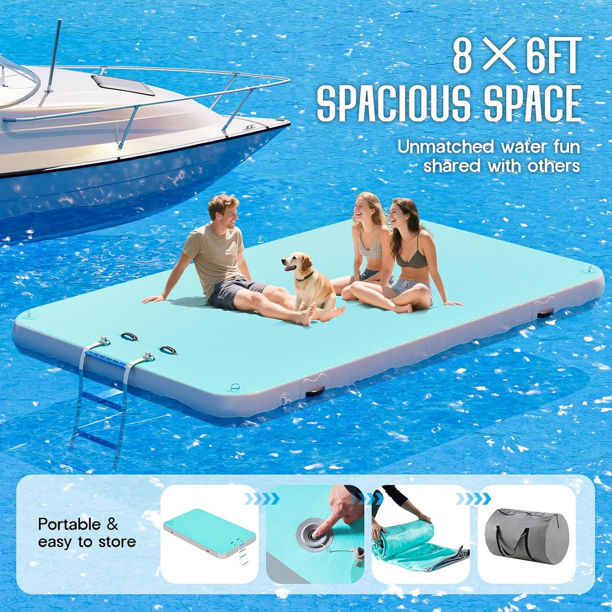 Inflatable Floating Dock Platform for Lake – Modular 12FT×6FT Drop Stitch PVC Swim Platform with D-Rings, Rope Ladder & Hand Pump, Non-Slip Water Mat for Adults & Kids