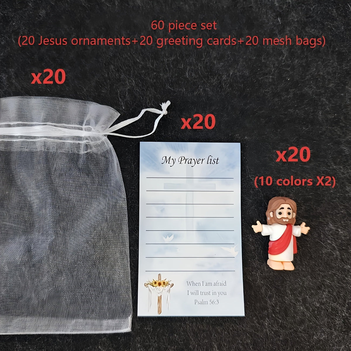 60pcs Christian Gift Set Jesus Figurine Statue with Inspirational Prayer Cards & Mesh Bags Bulk Religious Gifts for Church Easter Christmas Thanksgiving Sunday School – “My Lord My God My Savior”