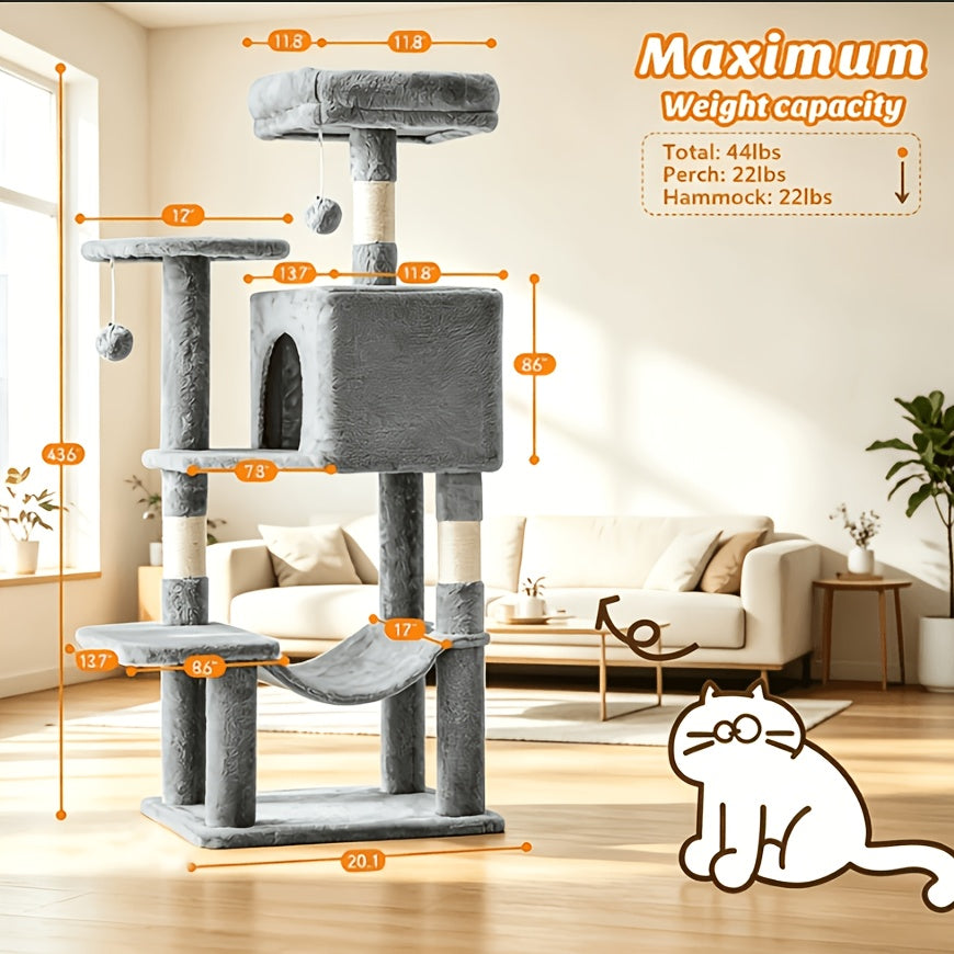 44 Inch Cat Tree Tower with Natural Sisal Scratch Posts, Large Hammock & Enclosed Cat Bed - Multi-Level Indoor Cat Climbing Structure for Large Cats & Multiple Cats, Modern Pet Furniture for Home