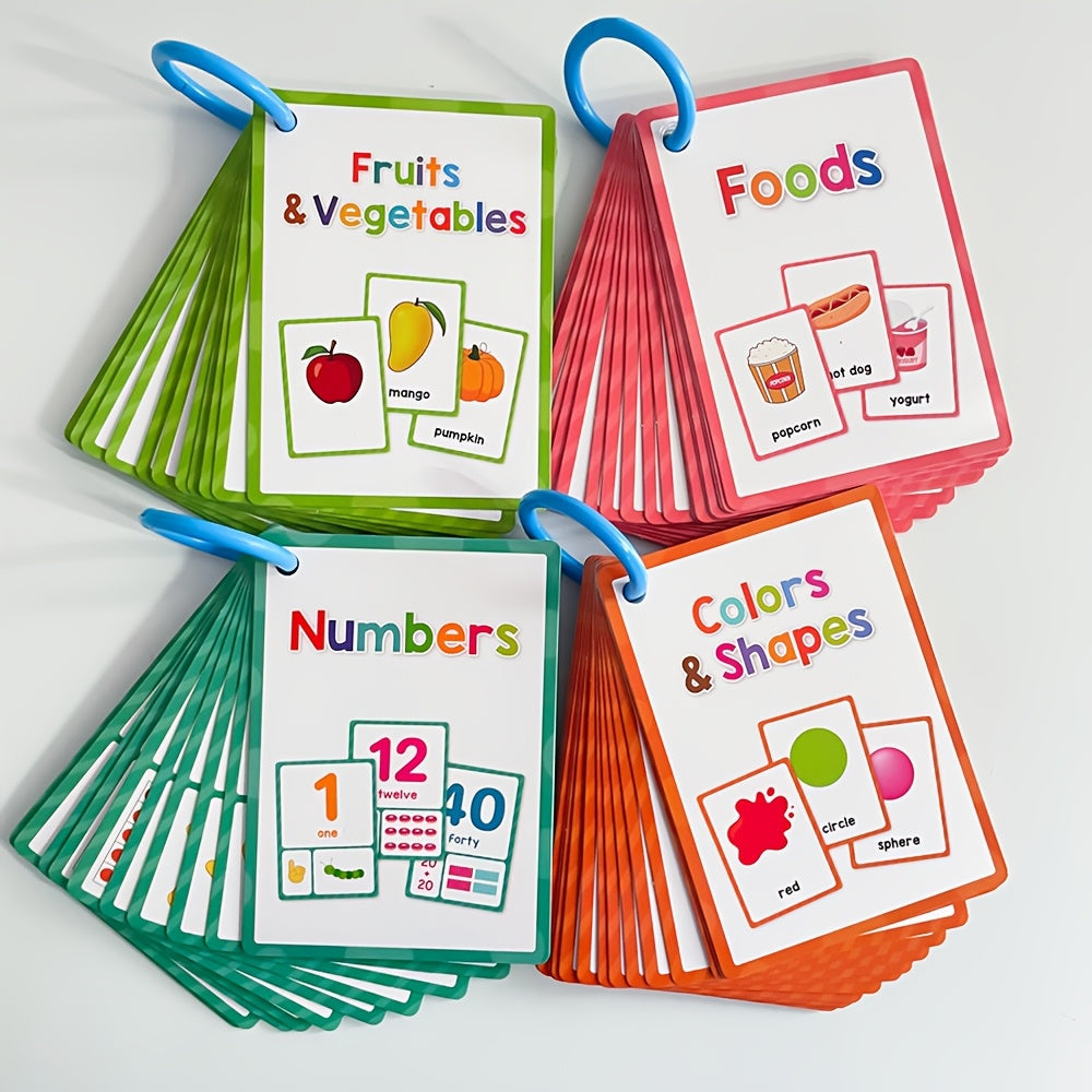 80pcs Educational Flash Cards for Kids Numbers Colors Shapes Fruits Vegetables Food Vocabulary with English Labels & 4 Sorting Rings Durable Learning Flashcards for Toddlers Preschool Kindergarten