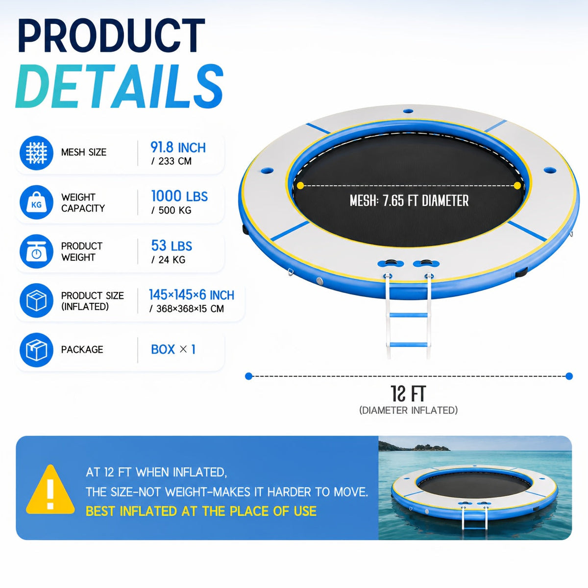 12FT Inflatable Floating Island for Pool Lake & Beach – Heavy Duty Round Hexagon Water Hammock Platform with Cup Holders, Ladder & Mesh Center – Oversized Pool Float for Adults & Parties