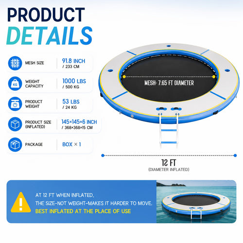 12FT Inflatable Floating Island for Pool Lake & Beach – Heavy Duty Round Hexagon Water Hammock Platform with Cup Holders, Ladder & Mesh Center – Oversized Pool Float for Adults & Parties