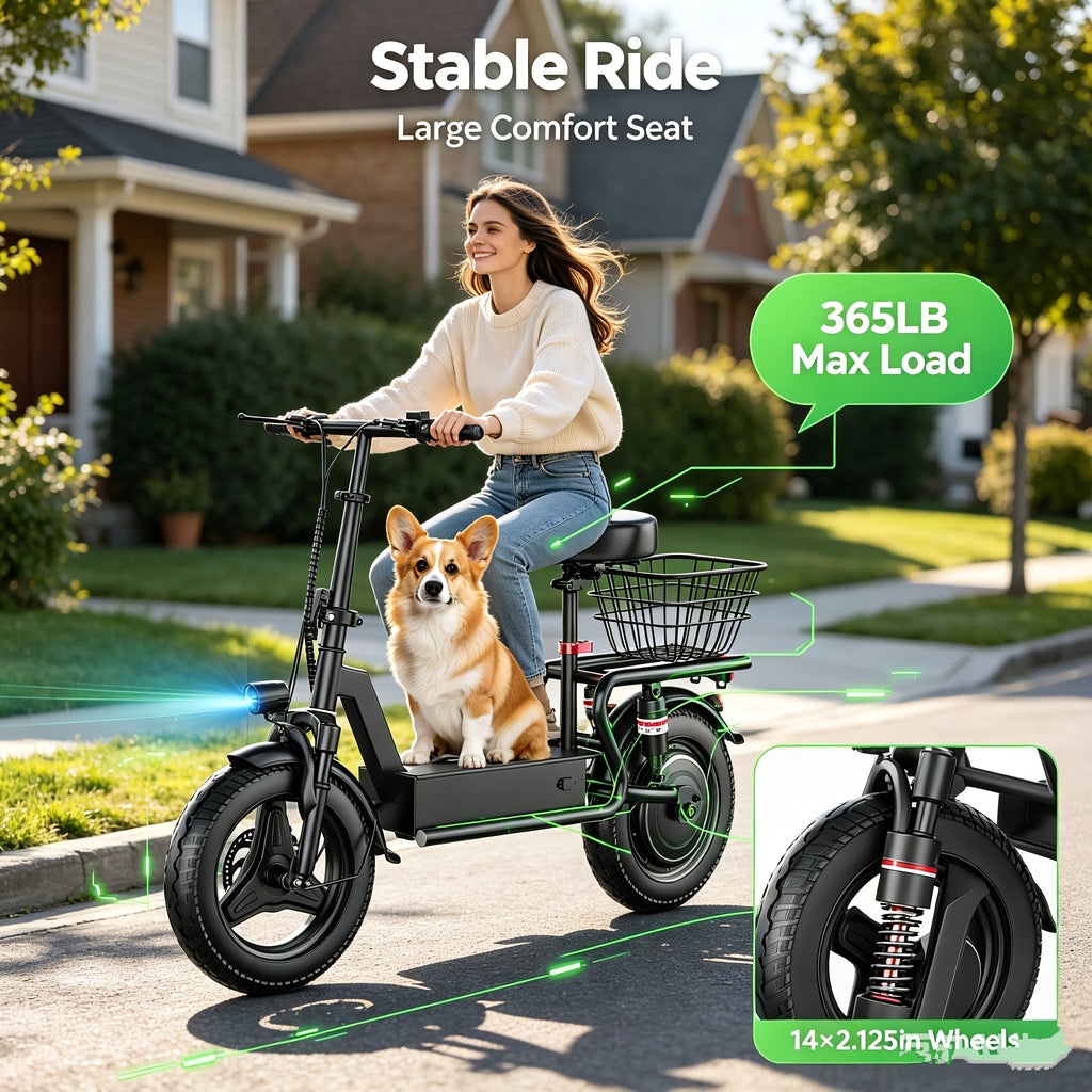 749W 48V Electric Scooter for Adults 25 MPH 28-Mile Range – 14" Fat Tire Commuter E-Scooter with 15Ah Battery, Cargo Box & Storage Basket, Dual Brakes & Suspension, City & Off-Road Riding (SYLVIA GT10/GT11)