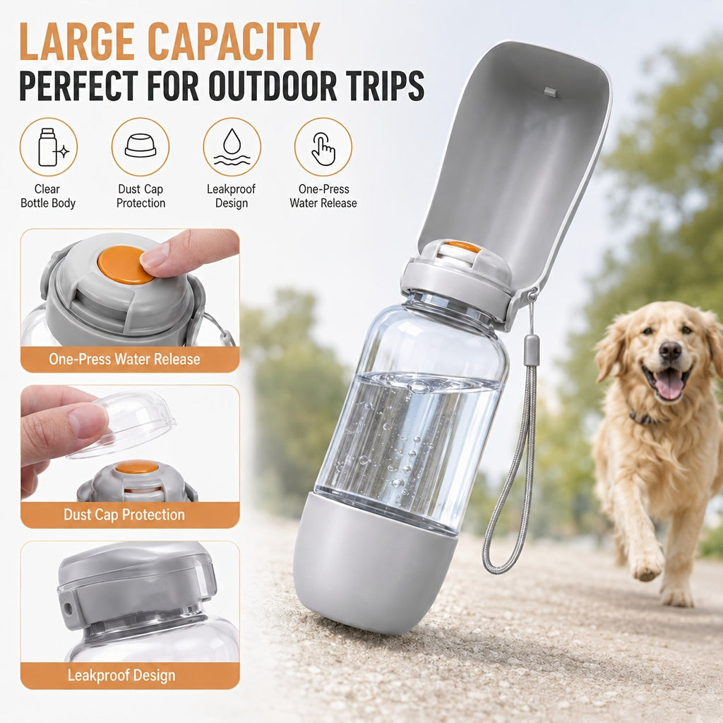 Portable Dog Water Bottle 2-in-1 with Food Bowl - 520ML Leak-Proof Pet Travel Water Dispenser for Dogs and Cats, Large Capacity Outdoor Hydration Cup for Walking Hiking Camping