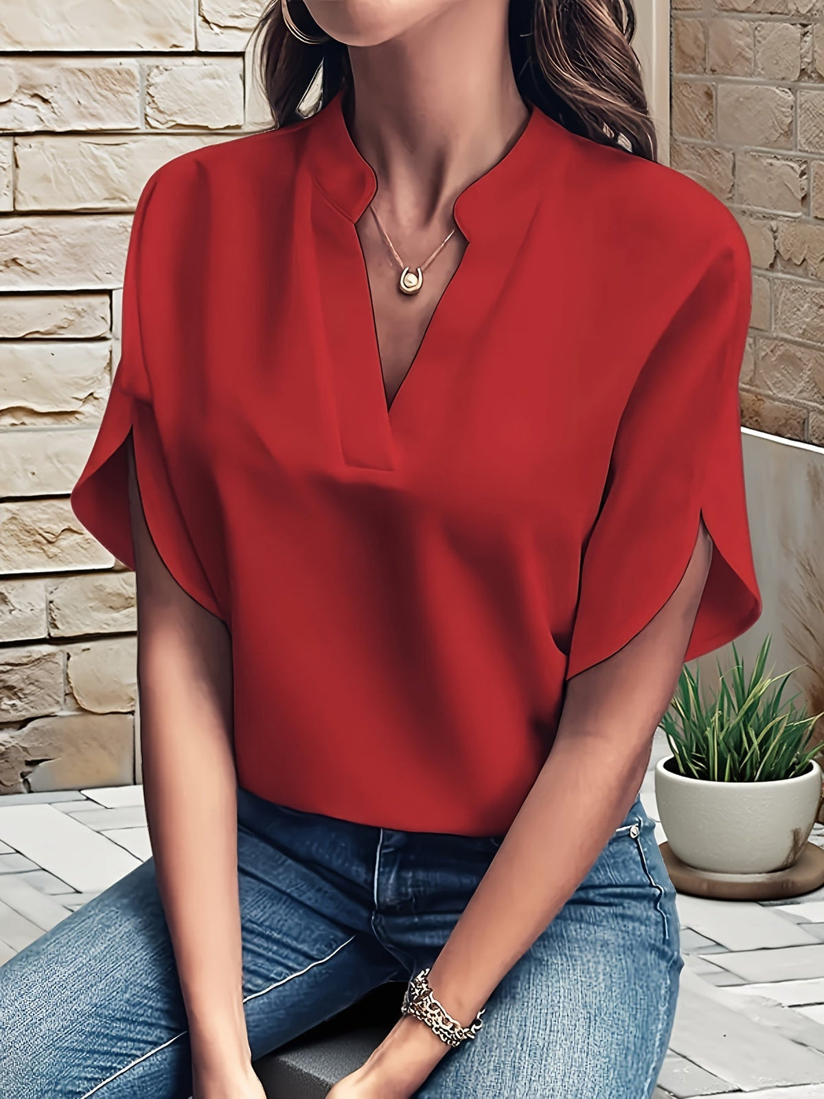 Women's V-Neck Batwing Sleeve Blouse Loose Fit Solid Color Pullover Top - Casual Commuter Style for Spring Summer Fall | Lightweight Breathable Shirt