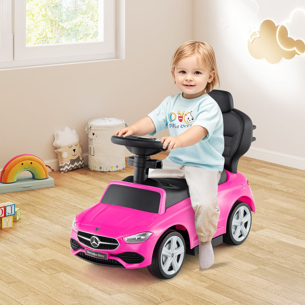Mercedes-Benz Licensed 3-in-1 Ride-On Push Car for Toddlers 18-36 Months, Kids Sliding Car with Steering Wheel Sound, Push Bar, Adjustable Canopy & Under-Seat Storage - Pink Baby Walker Stroller Gift