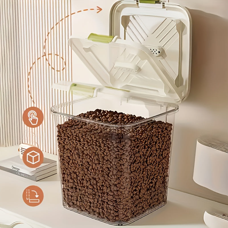 Sealed Pet Food Storage Container with Wheels & Measuring Spoon – Transparent Rolling Box with Lockable Airtight Lid & Spill-Proof Compartments for Dogs, Cats & Birds, Multiple Sizes