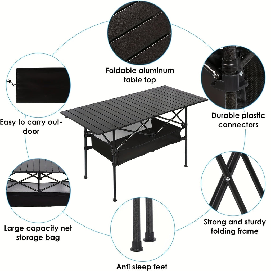 Portable Folding Camping Table Aluminum Lightweight Outdoor Picnic Table with Mesh Storage Bag & Carry Bag – Height Adjustable 37.4", Easy to Store, for Camping, Beach, Backyard, BBQ, Party & Patio