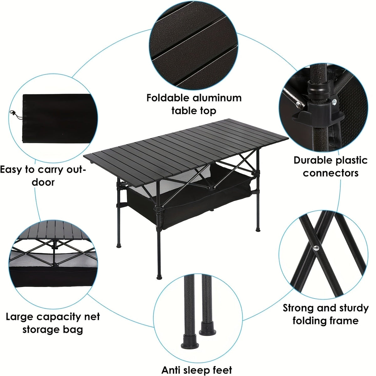 Portable Folding Camping Table Aluminum Lightweight Outdoor Picnic Table with Mesh Storage Bag & Carry Bag – Height Adjustable 37.4", Easy to Store, for Camping, Beach, Backyard, BBQ, Party & Patio