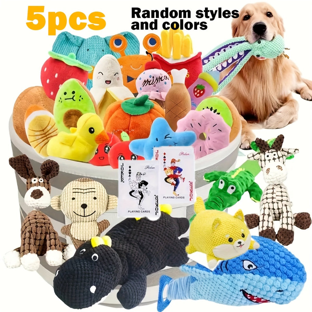 Cartoon Plush Squeaky Dog Toys 5 or 10 Pack - Random Style Stuffed Animal Squeeze Sound Toys for Puppies & Small Dogs, Fun Gift Set Bundle