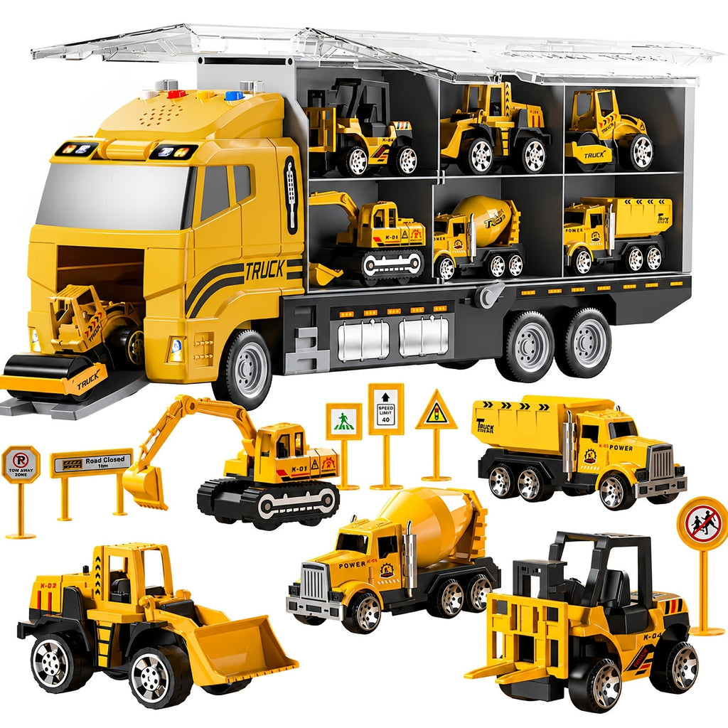 13-in-1 Construction Truck Vehicle Toy Set for Kids Ages 3+ – Die-Cast Cars, Play Mat & Transport Carrier, Sound Effects, Birthday Christmas Gift (Random Accessories)