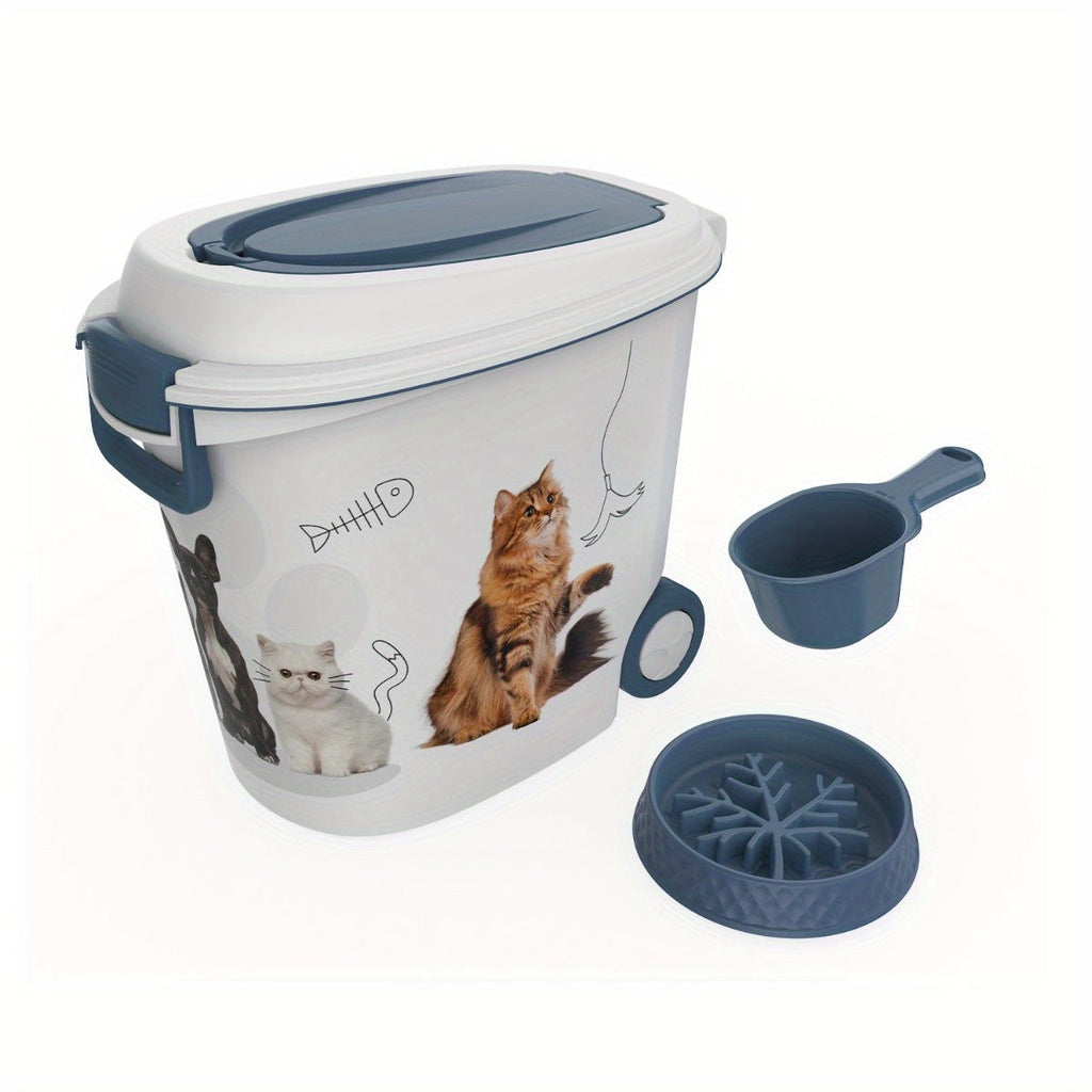 Large 3-Piece Pet Food Storage Container Set with Slow Feeder Bowl & Measuring Spoon – Airtight Moisture-Proof Anti-Insect Dry Food Bin for Cats and Dogs, Aids Digestion