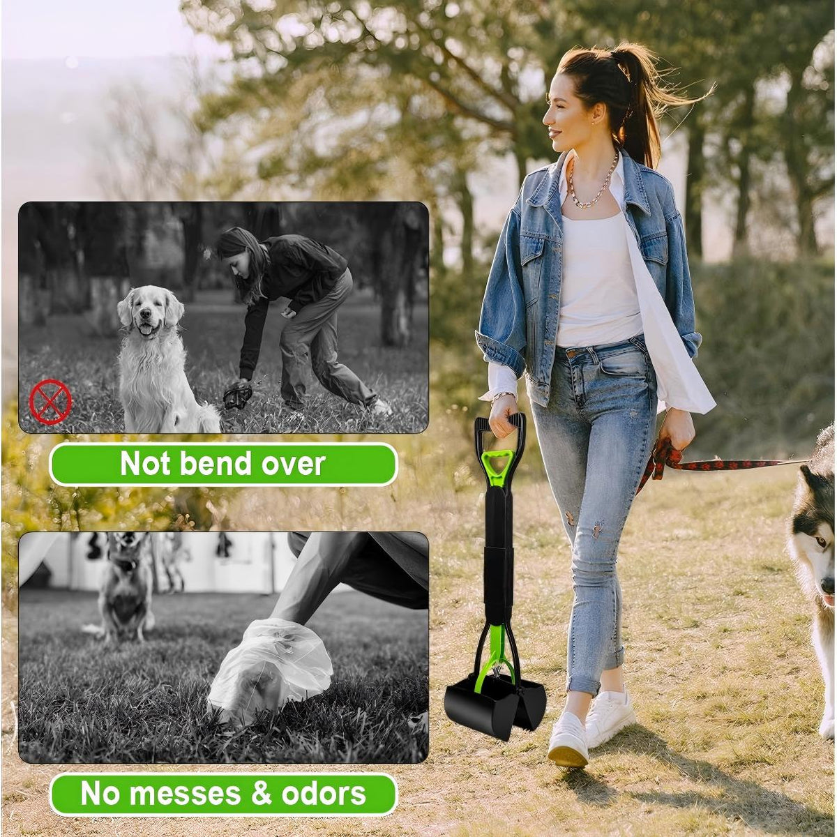 Portable Foldable Dog Poop Scooper with Cleaning Brush - Strong Serrated Clamp Waste Grabber for Yards Lawns & Gravel, No-Dead-Angle Pet Waste Pickup Tool, High-Strength Durable Design