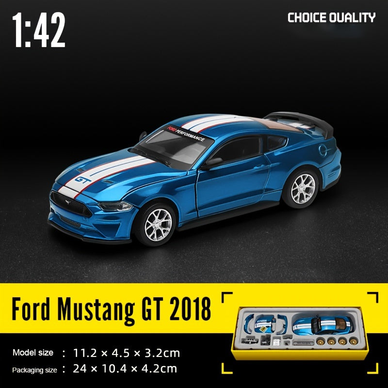 1:42 Scale Ford Mustang GT 2018 Die-Cast Model Car with Opening Doors, Collectible Classic Muscle Car Miniature with Replaceable Accessories, Desktop Ornament Toy, Best Halloween Christmas Birthday Gift