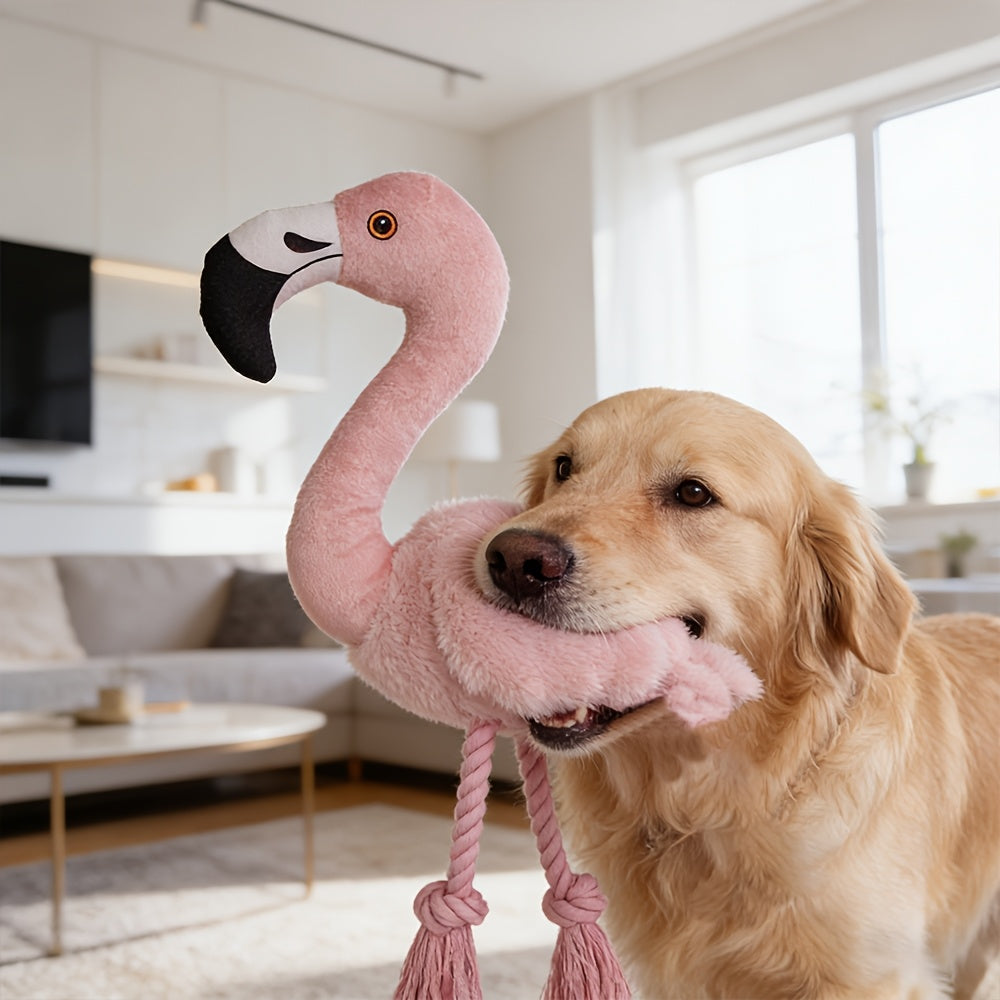 Flamingo Dog Squeaky Toy - Double Layer Tear-Resistant Plush with Built-In Squeaker, Rope & Tassel, Large Interactive Tug Chew Toy for Anxiety Relief, Dental Health, Adult & Puppy Dogs