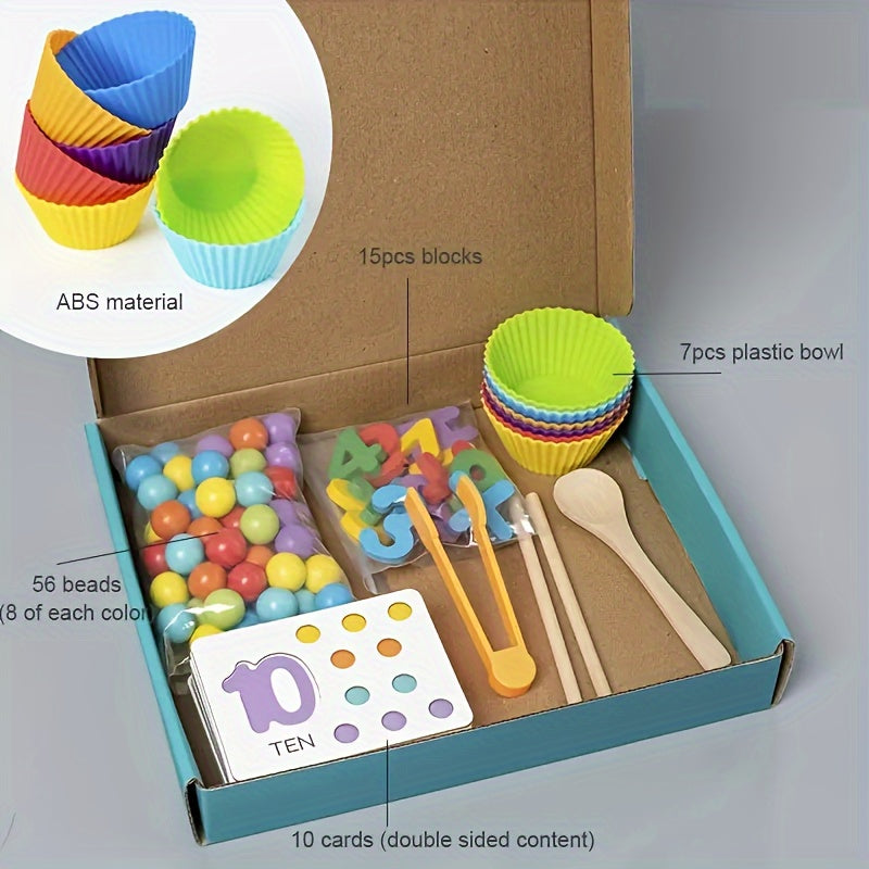 Wooden Number Counting Math Learning Toy Set with Colored Beads Matching Cards Cognitive Skills Clutch Bead Operation Training for Boys Girls Ages 3+ Birthday Christmas Gift