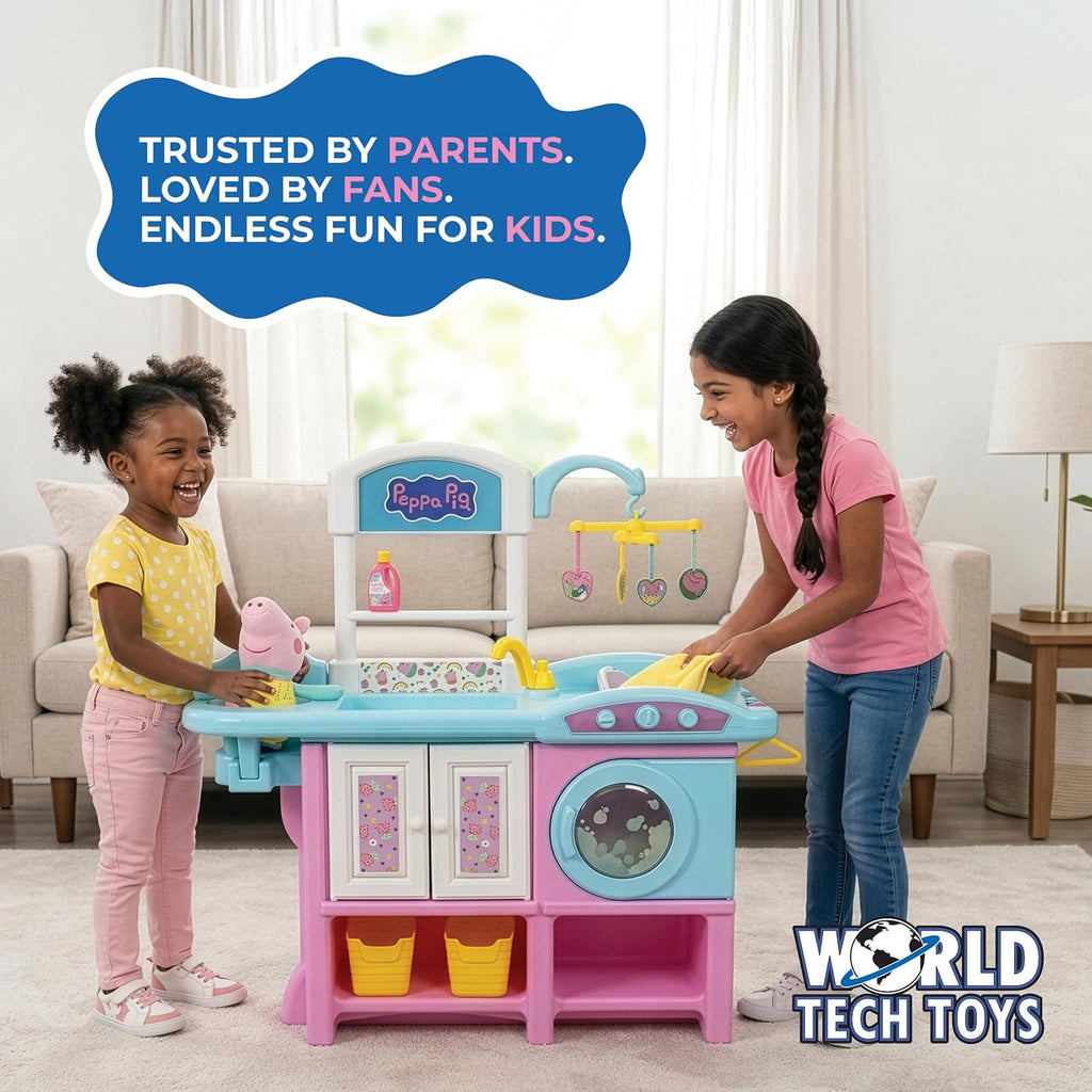 Peppa Pig Baby Evie 2-in-1 Nursery & Laundry Playset for Girls Ages 3+, Includes 8" Baby Evie Plush, High Chair, Play Washing Machine, 3 Outfits & Accessories - Official Licensed Role Play Pretend Toy Gift