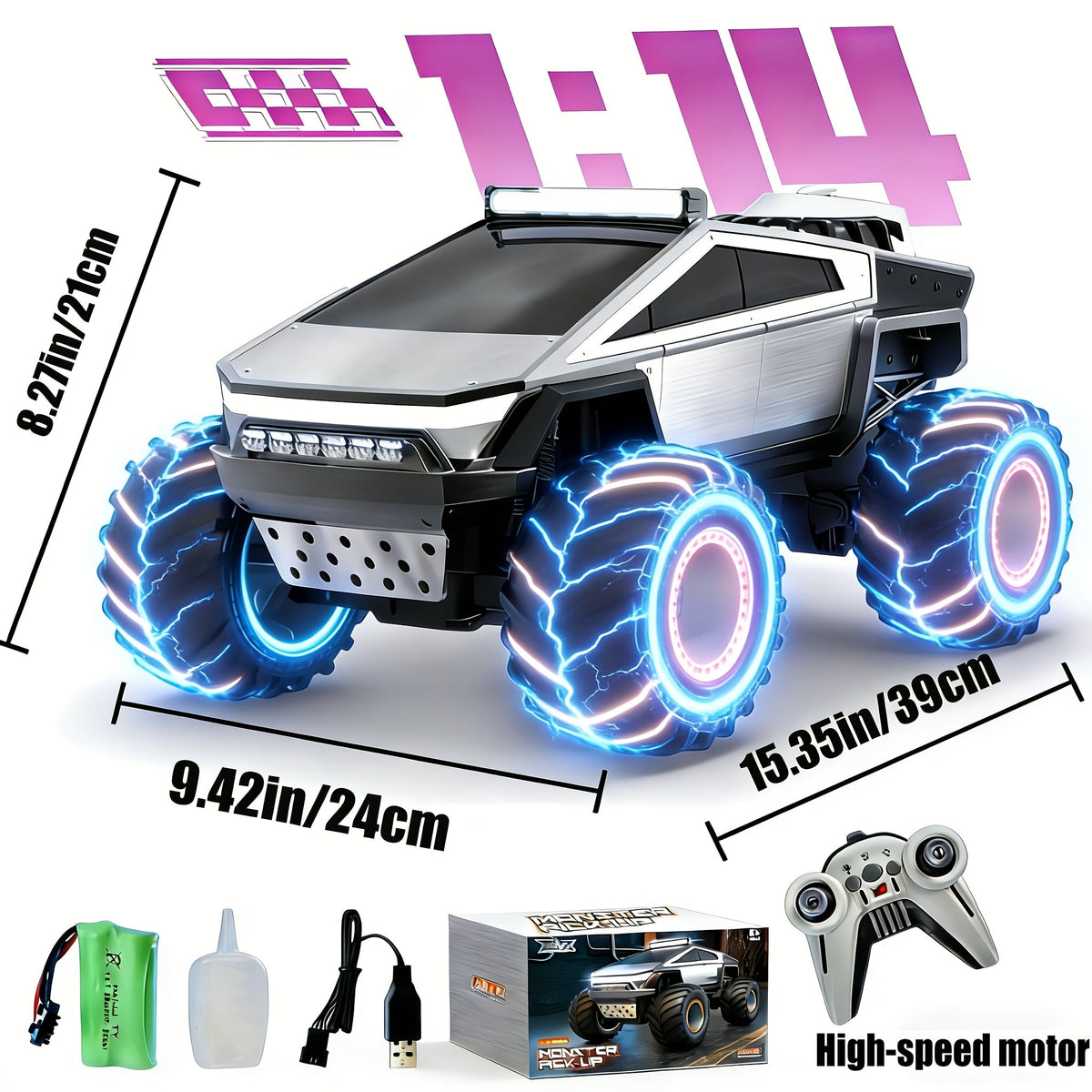 RC Monster Truck 1:14 1:18 Scale 2.4GHz 4WD Off-Road Remote Control Car with LED Lights Smoke Spray Effect Realistic Sound Metal Body Big Wheels for Kids Adults