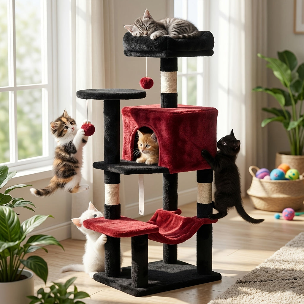 44" Cat Tree Tower with Hammock & Sisal Scratching Posts – Multi-Level Indoor Cat Condo with Natural Perches for Large & Multiple Cats, Sturdy Stable Base, Beige Gray Pink Black