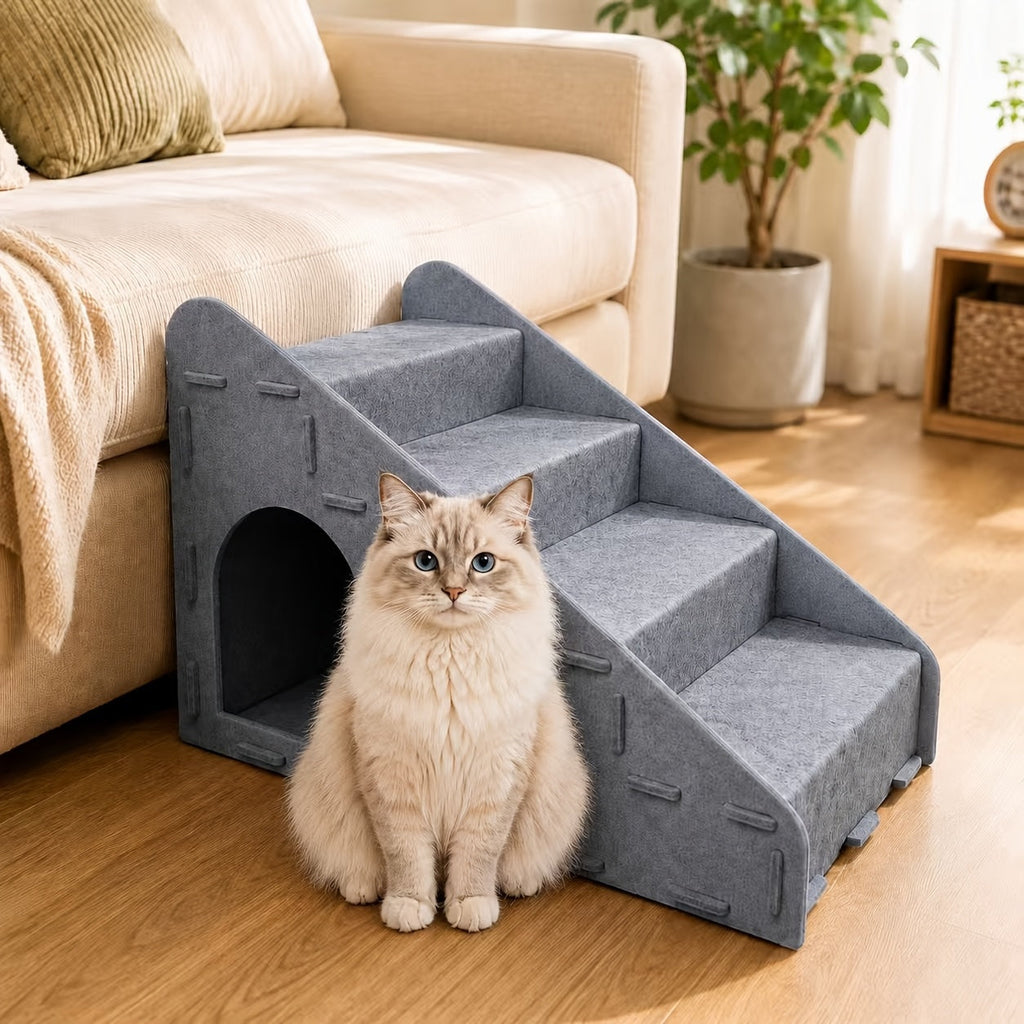 3-in-1 Pet Stairs 4-Step Multifunctional Dog & Cat Ladder - Detachable Felt Ramp with Non-Slip Wide Deep Steps, Converts to Cat Bed & Scratching Board, Durable Sofa Step Stool for Small Medium Dogs