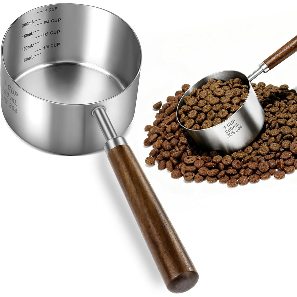 Stainless Steel Dog Food Scoop 1 Cup with Measuring Lines & Long Handle - Metal Pet Food Measuring Cup for Dogs & Cats - Durable Dog Cat Food Scoop with Cup & ML Markings for Accurate Portion Control