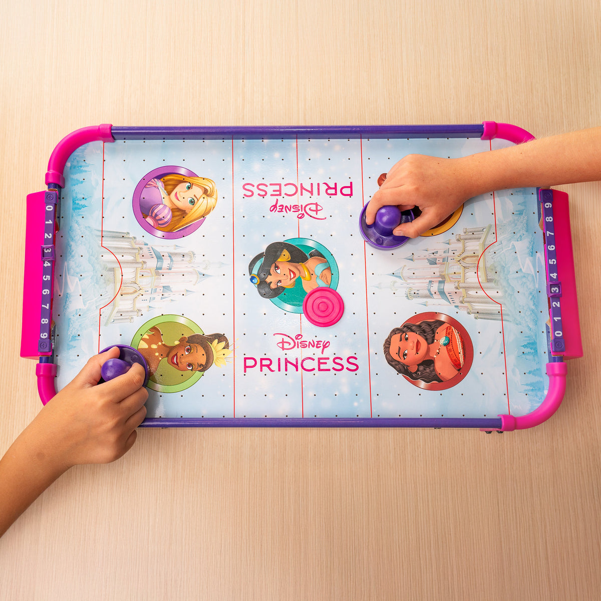 Disney Princess Officially Licensed Electronic Tabletop Air Hockey Table – Smooth Wooden Playing Surface, Manual Score Trackers, Fun Kids Game for Playroom, Birthday & Holiday Gift