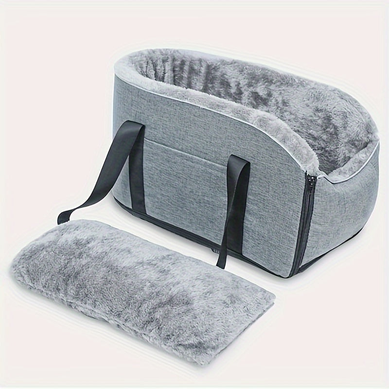 Pet Car Center Console Armrest Bed & Nest - Removable Dog Cat Car Bed with Detachable Handbag, All-Season Small Pet Carrier for Car Console, Grey & Black, Cozy Travel Companion