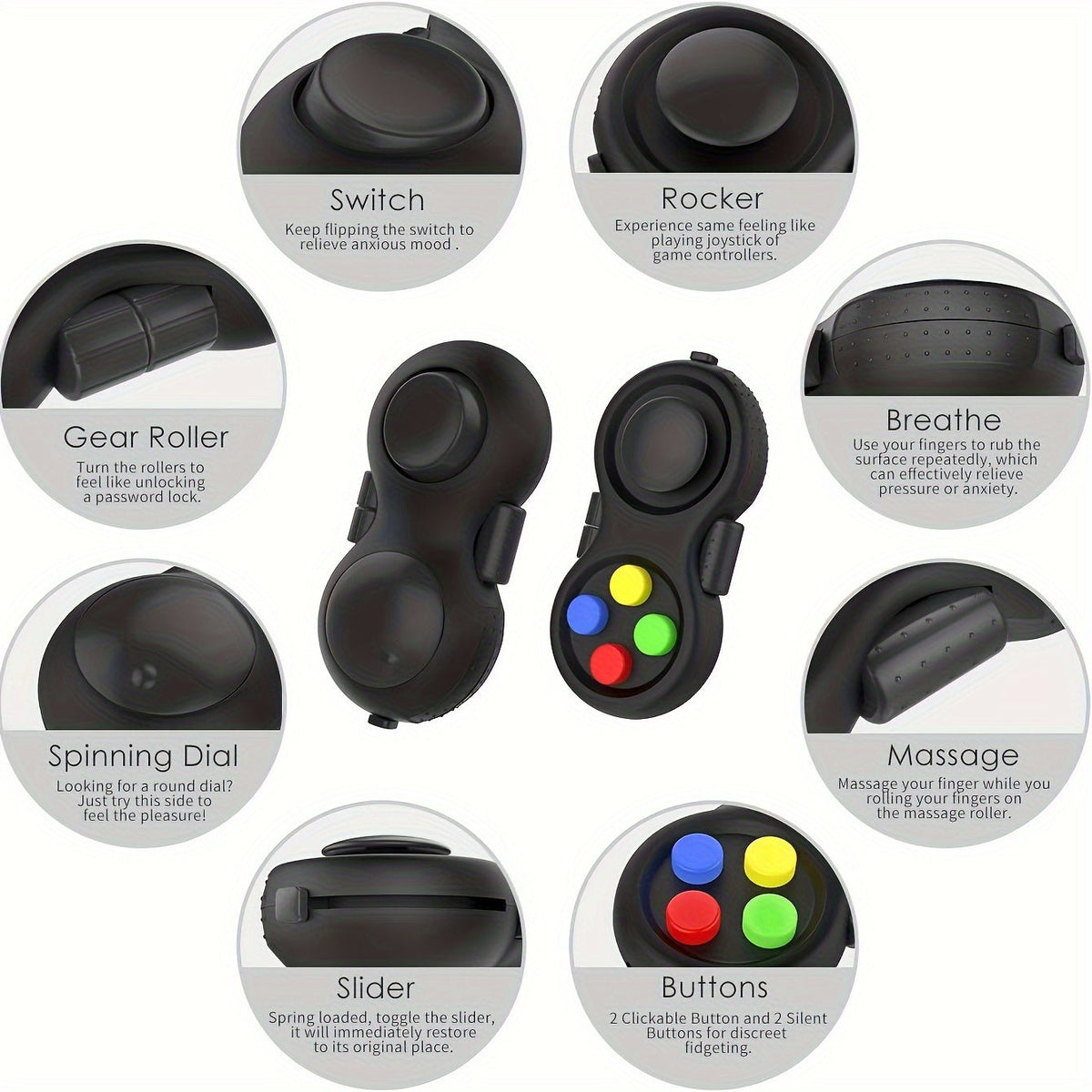 Fidget Pad Toy 3-Pack - Retro Handheld Controller with 8 Fidget Functions, Stress Relief Anxiety Toy for Kids Adults and Teens, ADHD Sensory Tool, Screen-Free Activity, Multiple Color Options