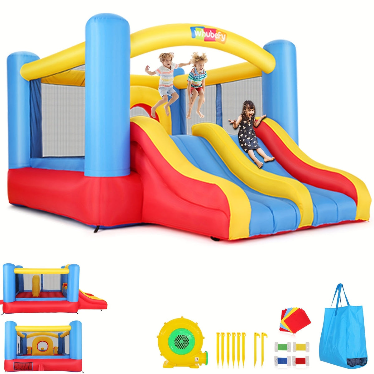 Inflatable Bounce House with Blower for Kids 3-10, 12x9FT Large Backyard Bouncy Castle with Double Slide & Dual Slide, Obstacle Course, Big Bounce Area, Indoor Outdoor Jumper for Birthday Party – Red Blue Yellow