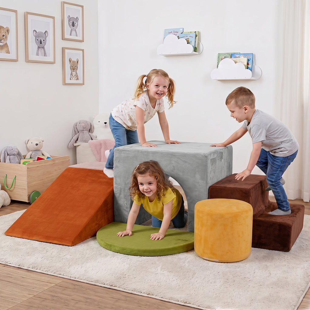 Foam Climbing Blocks for Toddlers 6-Piece Set - Soft Velvet Indoor Climb & Crawl Activity Playset with Slide, Arch, Tunnel & Stairs | Lightweight Stackable Sensory Play Structures for Kids Ages 3+