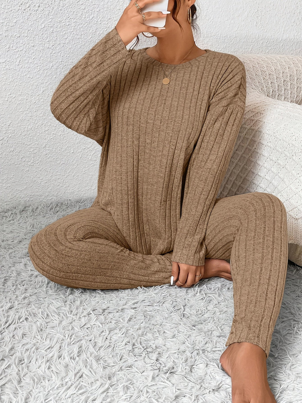 Women's Ribbed Two-Piece Set – Casual Soft 100% Polyester Crew Neck Long Sleeve Top & Pants Micro-Stretch Commuter Fashion Spring Fall Outfit