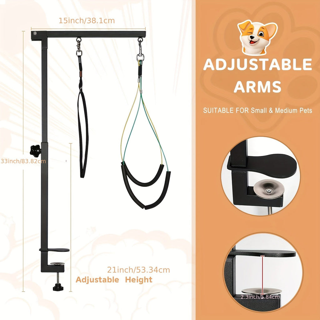 Dog Grooming Arm with Clamp Adjustable Foldable - 2-in-1 Haunch Holder & Loop Noose for Grooming Table, Height 20-33 Inches, Portable Pet Grooming Restraint Arm for Small Dogs & Puppies, Table Not Included
