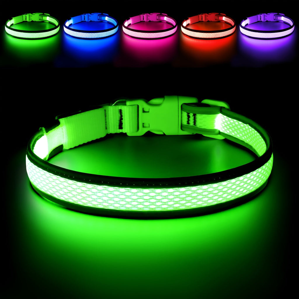 LED Dog Collar USB Rechargeable with 6 Color Lights - Adjustable Soft Mesh Safety Collar for Small Medium Large Dogs, Glowing Night Visibility Dog Collar for Nighttime Walking, Durable & Stylish