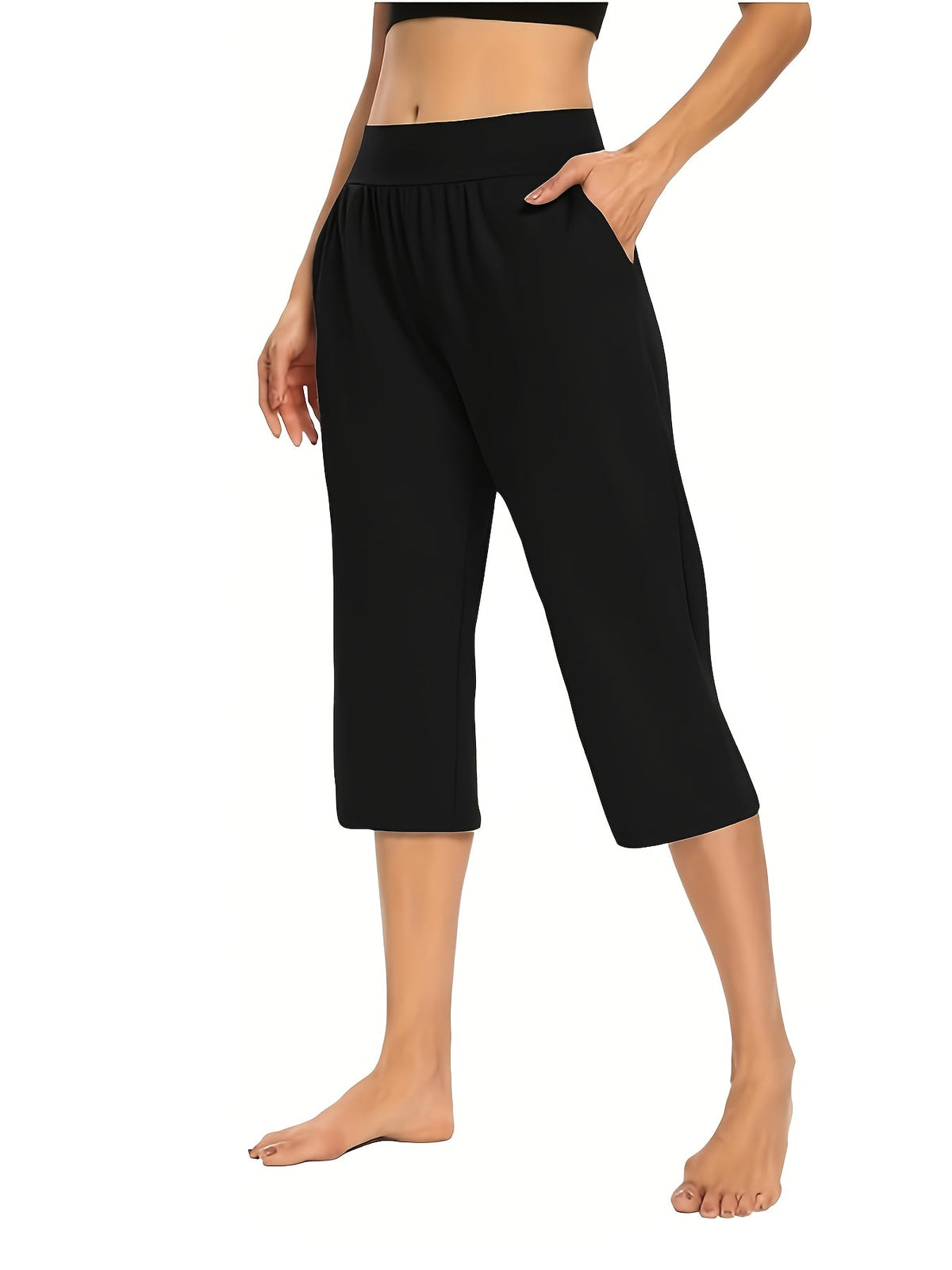 Women's High-Waisted Pull-On Cropped Pants – Stretchy Elastic Waist Lightweight Capri Pants with Pockets for Summer & Casual Wear