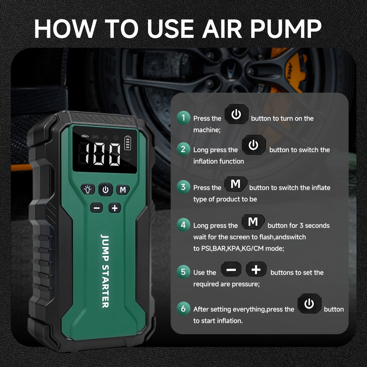 10000A Car Jump Starter 7-in-1 with 150PSI Air Compressor, Digital Tire Inflator, LED Emergency Light & USB Power Bank – Portable Battery Booster for Gas & Diesel Vehicles – Velora